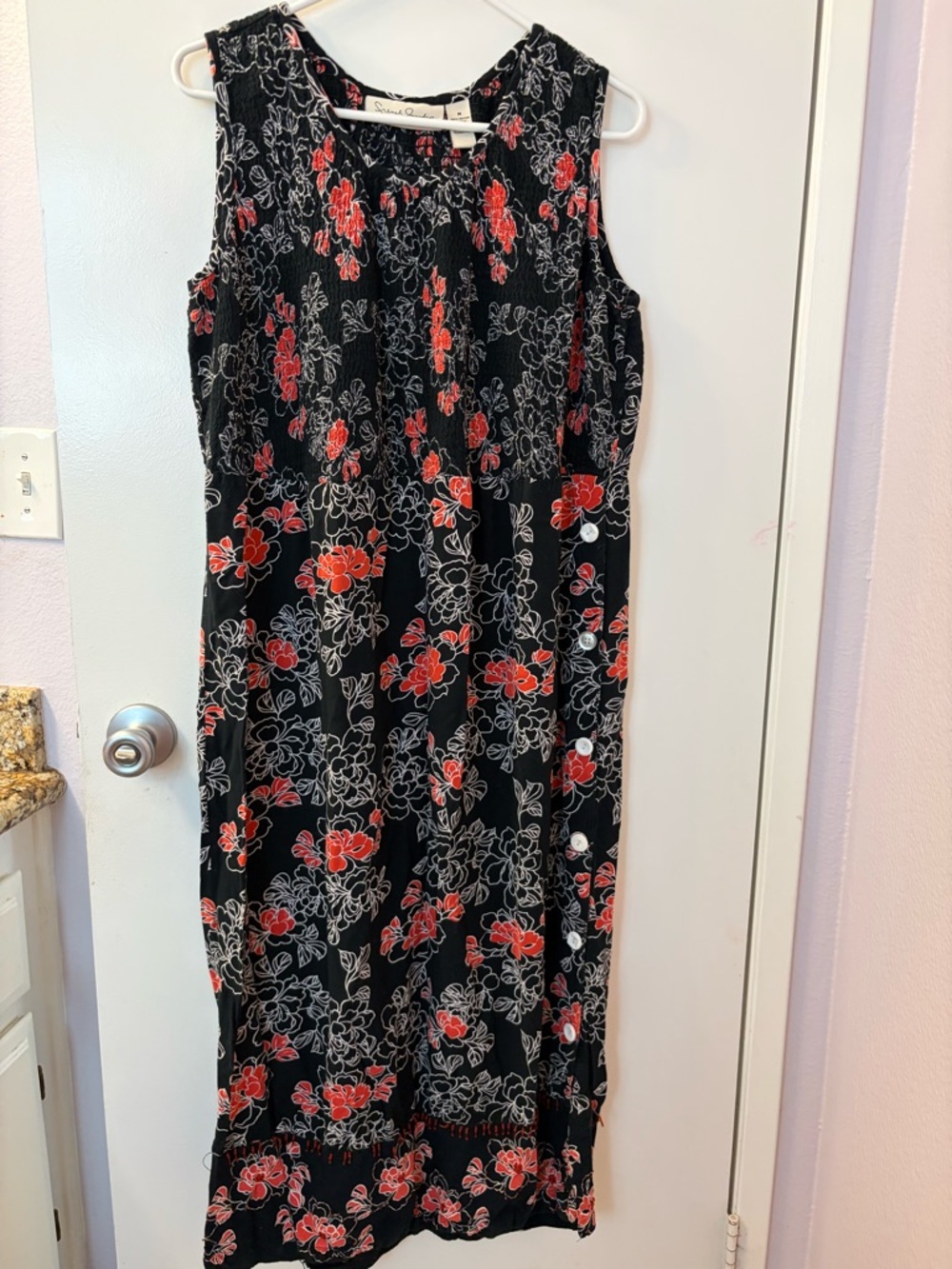 French Laundry Floral Dress Gathered Bodice Boho Retro Hawaiian Buttons On Side